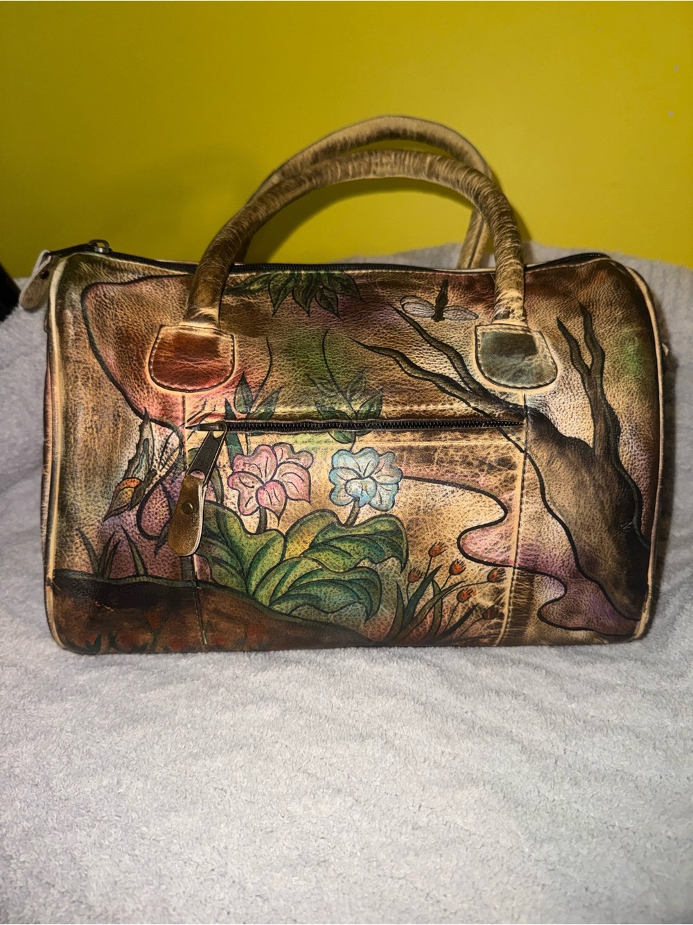 Hand-Painted Floral Leather Satchel in Brown and Multicolor - Picture 12 of 15